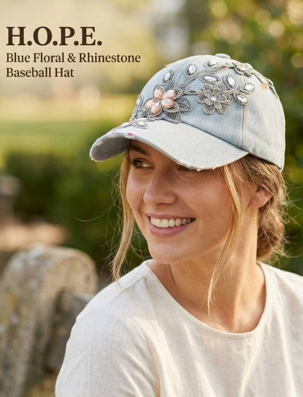 H.O.P.E. Blue Floral & Rhinestone Baseball Hat